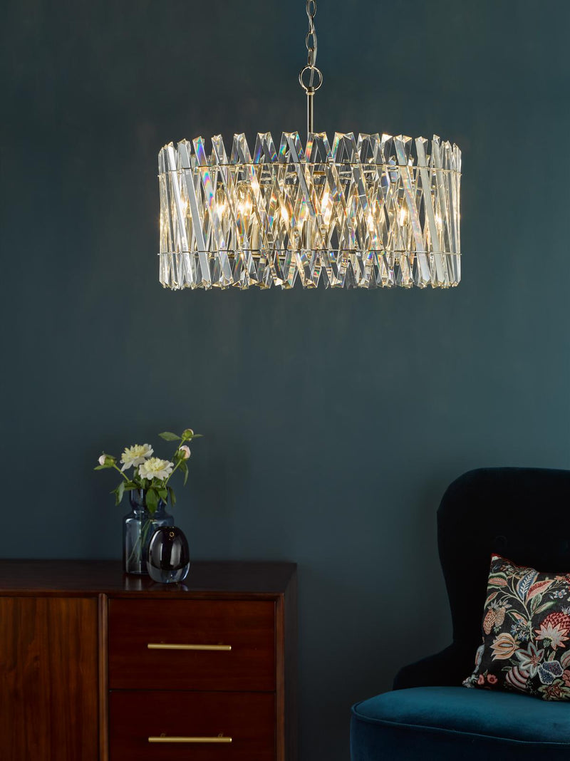 Dar Lighting Entwine 8 Light Pendant Polished Nickel and Crystal • ENT0838