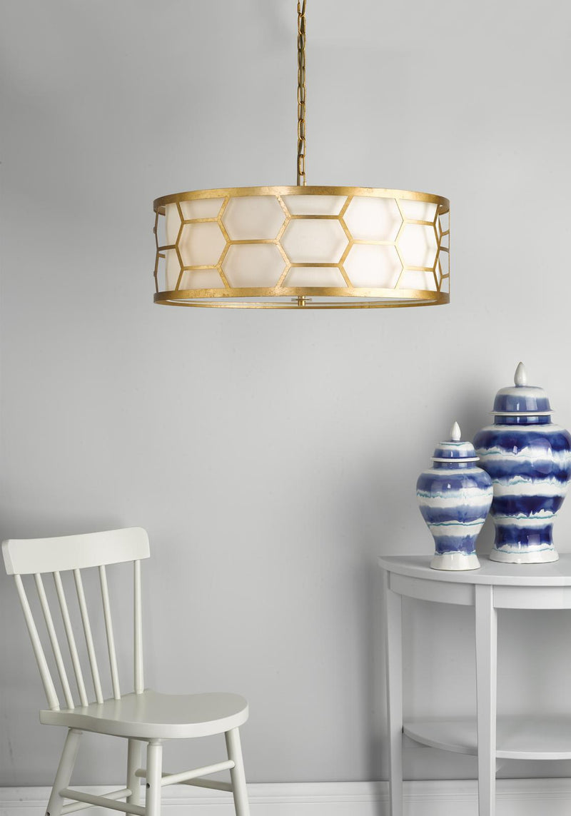 Dar Lighting Epstein 4 Light Pendant Gold With Ivory Shade & Glass Diffuser • EPS0412