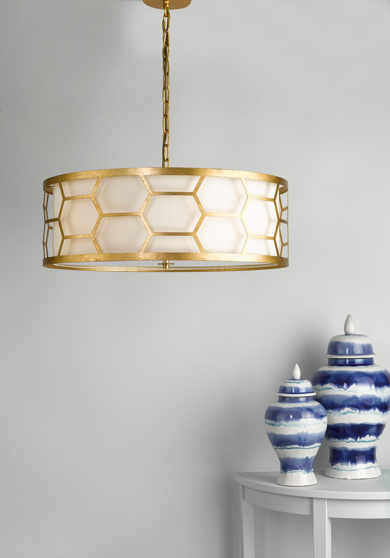 Dar Lighting Epstein 4 Light Pendant Gold With Ivory Shade & Glass Diffuser • EPS0412