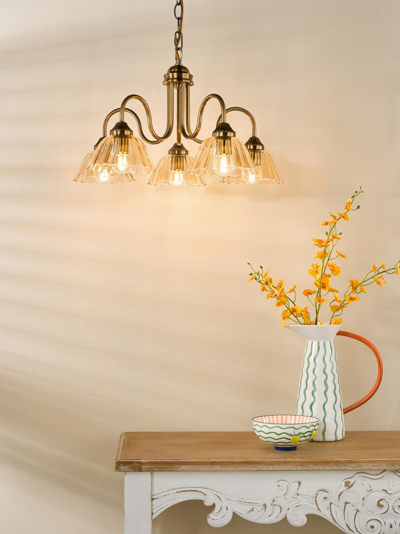 Dar Lighting Erika 5 Light Pendant Antique Bronze and Amber Glass • ERI0563