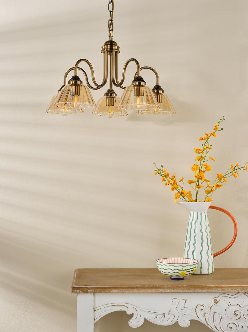 Dar Lighting Erika 5 Light Pendant Antique Bronze and Amber Glass • ERI0563
