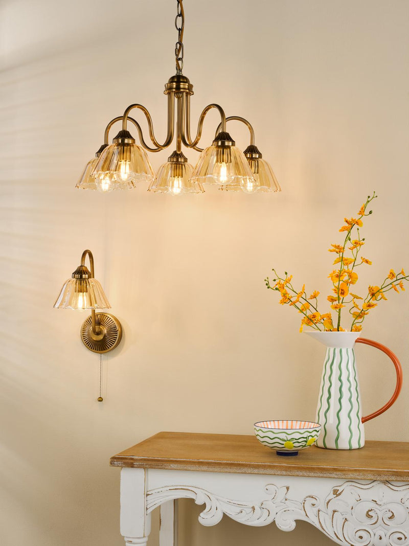 Dar Lighting Erika 5 Light Pendant Antique Bronze and Amber Glass • ERI0563