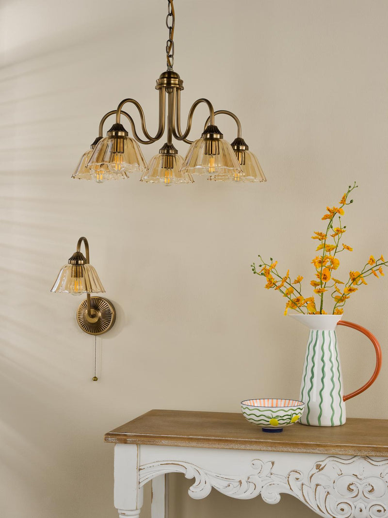 Dar Lighting Erika 5 Light Pendant Antique Bronze and Amber Glass • ERI0563