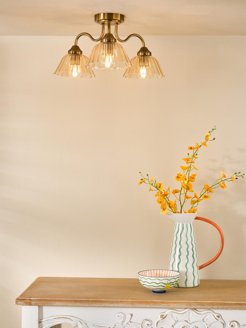 Dar Lighting Erika 3 Light Semi-Flush Antique Bronze and Amber Glass • ERI5363