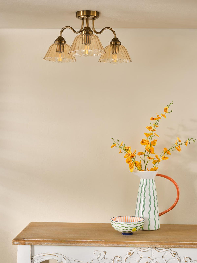 Dar Lighting Erika 3 Light Semi-Flush Antique Bronze and Amber Glass • ERI5363
