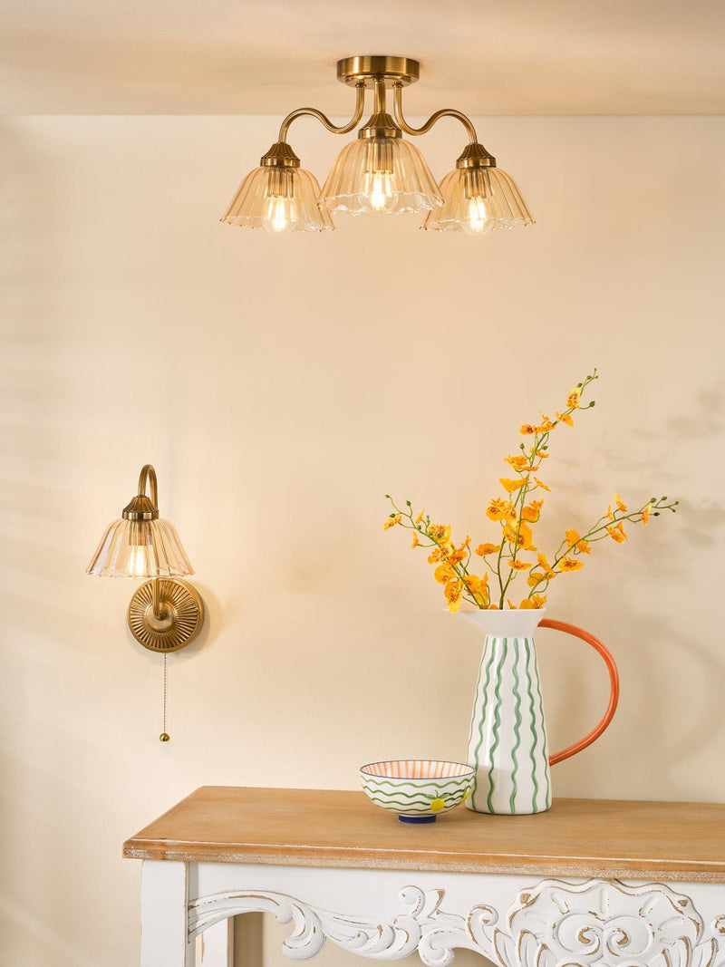 Dar Lighting Erika 3 Light Semi-Flush Antique Bronze and Amber Glass • ERI5363