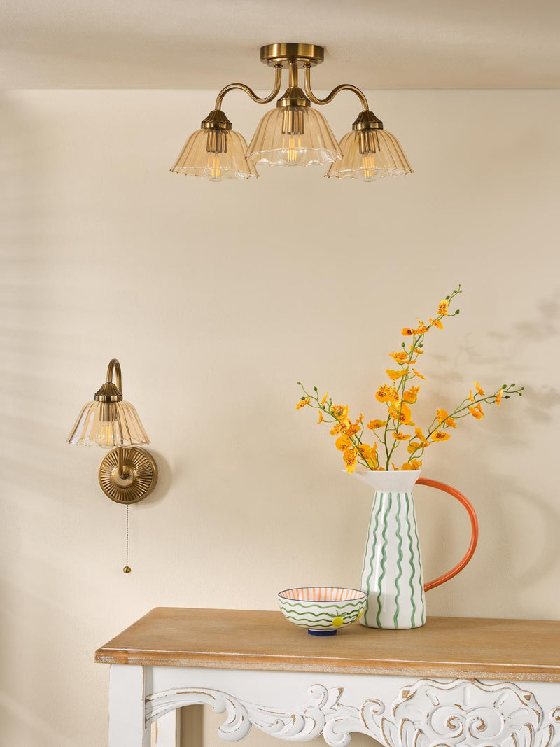 Dar Lighting Erika 3 Light Semi-Flush Antique Bronze and Amber Glass • ERI5363