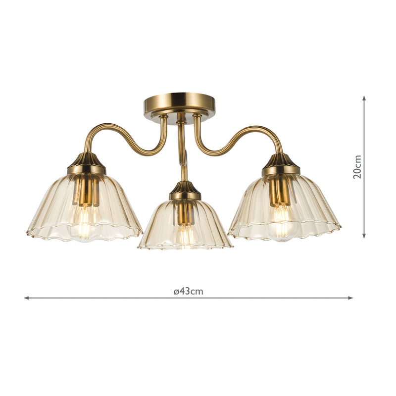 Dar Lighting Erika 3 Light Semi-Flush Antique Bronze and Amber Glass • ERI5363