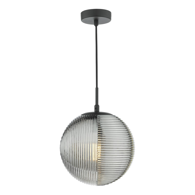 Dar Lighting Evander Single Pendant Matt Black and Smoked Glass • EVA0122