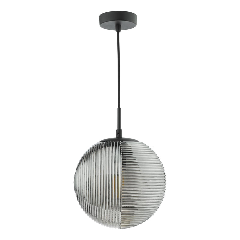 Dar Lighting Evander Single Pendant Matt Black and Smoked Glass • EVA0122