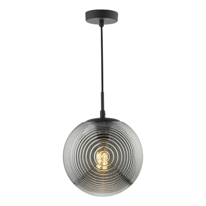 Dar Lighting Evander Single Pendant Matt Black and Smoked Glass • EVA0122