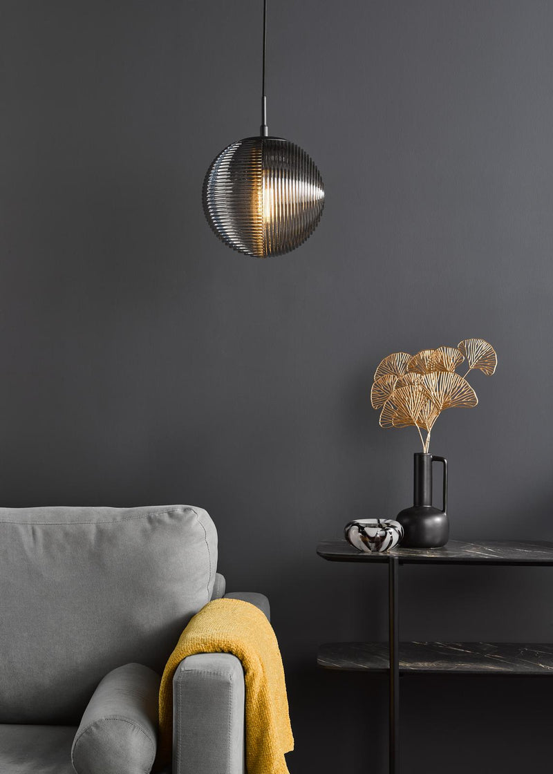 Dar Lighting Evander Single Pendant Matt Black and Smoked Glass • EVA0122