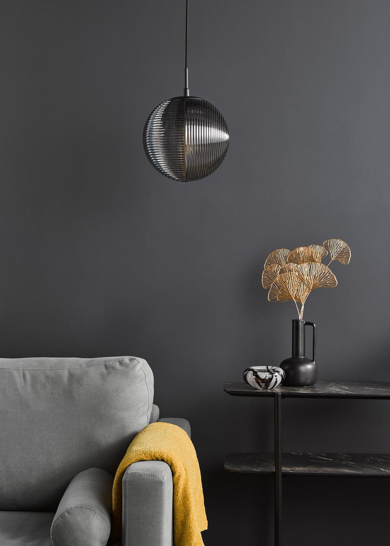Dar Lighting Evander Single Pendant Matt Black and Smoked Glass • EVA0122