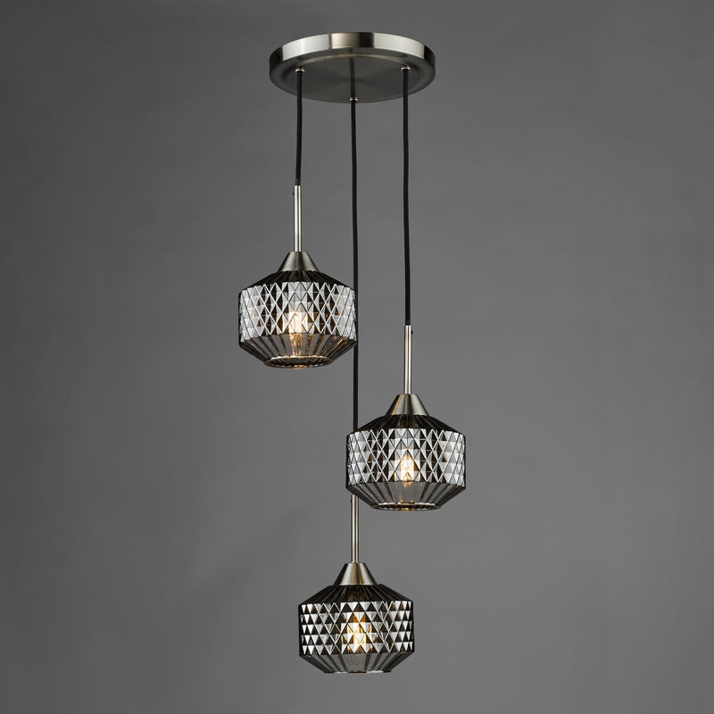 Dar Lighting Fabrienne 3 Light Cluster Pendant Satin Nickel and Smoked Glass • FAB0338