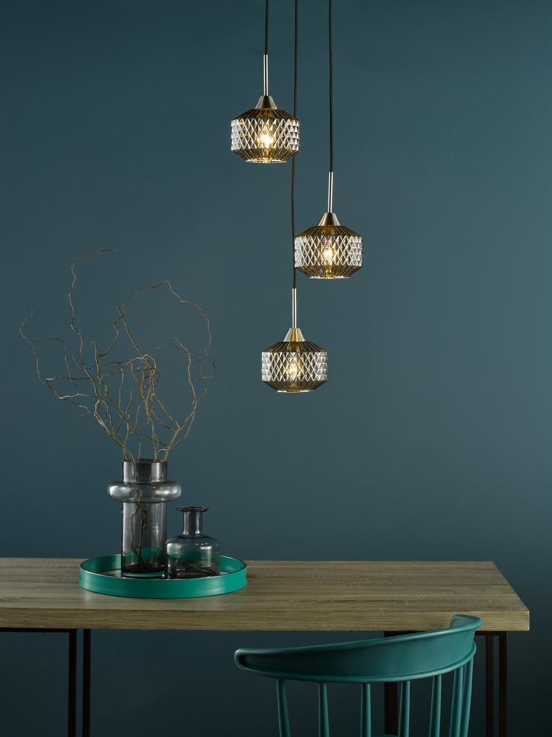Dar Lighting Fabrienne 3 Light Cluster Pendant Satin Nickel and Smoked Glass • FAB0338