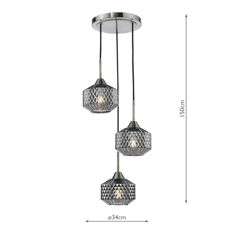 Dar Lighting Fabrienne 3 Light Cluster Pendant Satin Nickel and Smoked Glass • FAB0338
