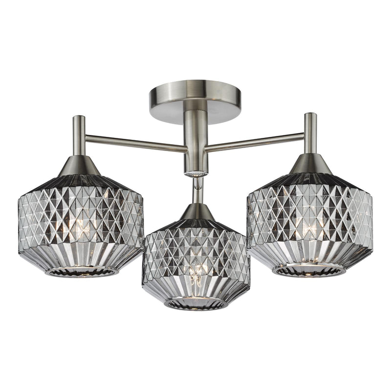 Dar Lighting Fabrienne 3 Light Semi-Flush Satin Nickel and Smoked Glass • FAB5338