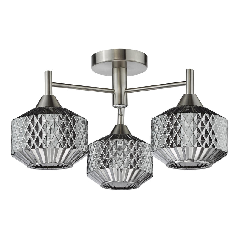 Dar Lighting Fabrienne 3 Light Semi-Flush Satin Nickel and Smoked Glass • FAB5338