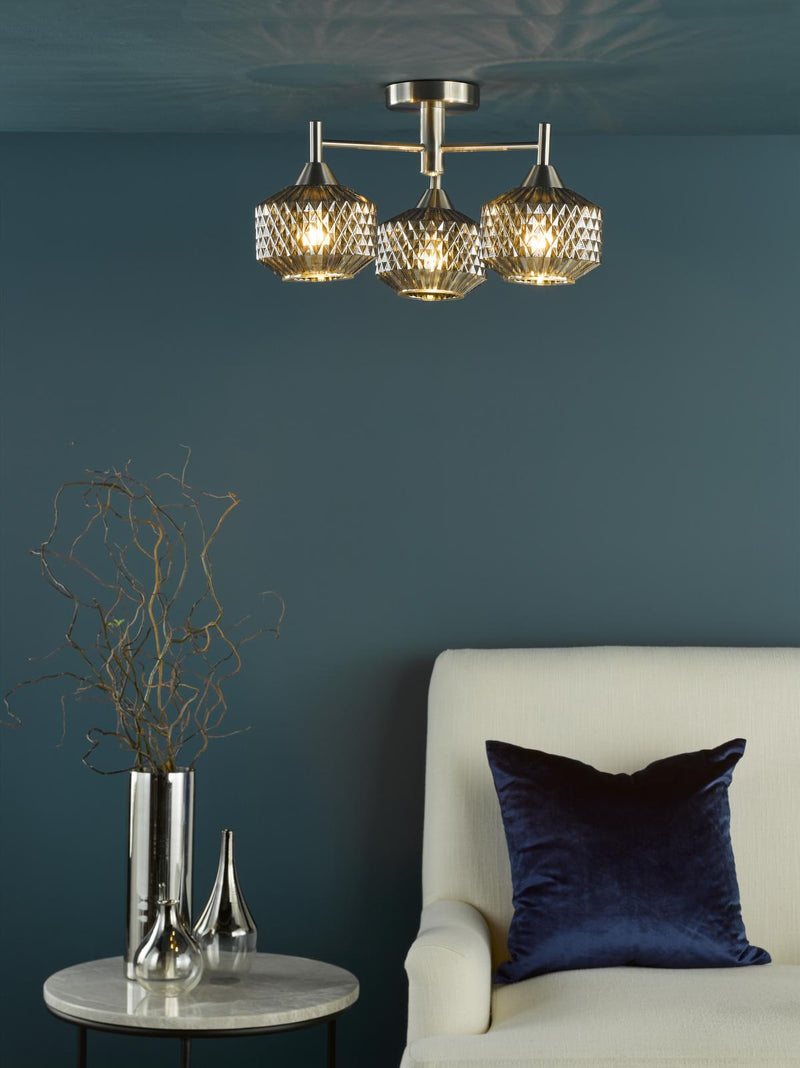 Dar Lighting Fabrienne 3 Light Semi-Flush Satin Nickel and Smoked Glass • FAB5338