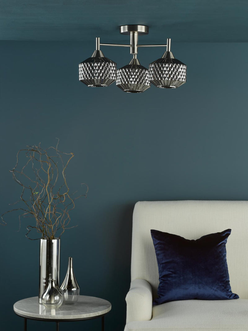 Dar Lighting Fabrienne 3 Light Semi-Flush Satin Nickel and Smoked Glass • FAB5338