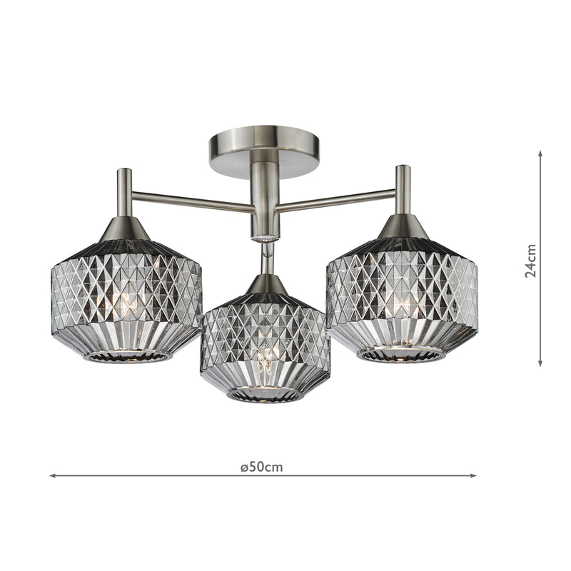 Dar Lighting Fabrienne 3 Light Semi-Flush Satin Nickel and Smoked Glass • FAB5338