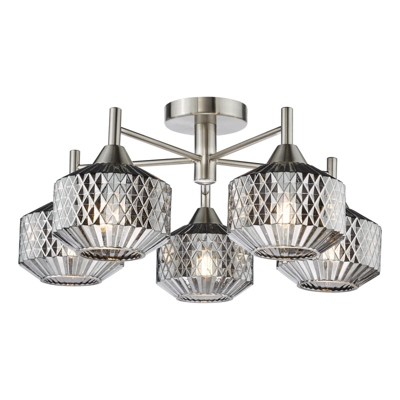 Dar Lighting Fabrienne 5 Light Semi-Flush Satin Nickel and Smoked Glass • FAB5438