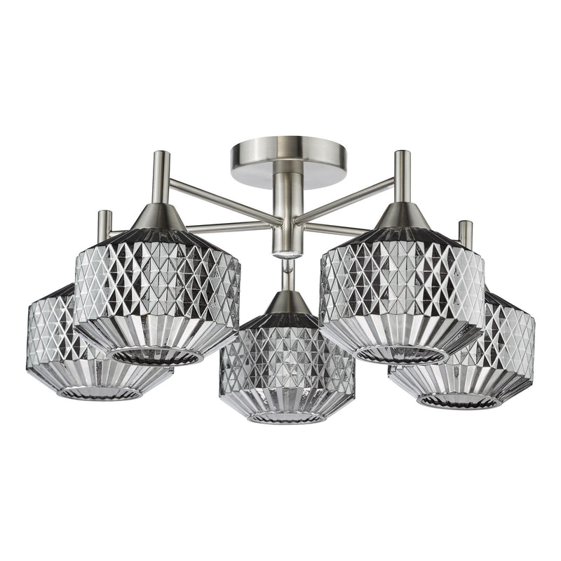 Dar Lighting Fabrienne 5 Light Semi-Flush Satin Nickel and Smoked Glass • FAB5438