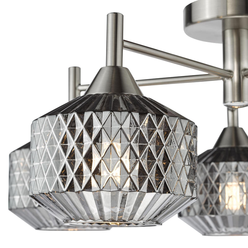 Dar Lighting Fabrienne 5 Light Semi-Flush Satin Nickel and Smoked Glass • FAB5438