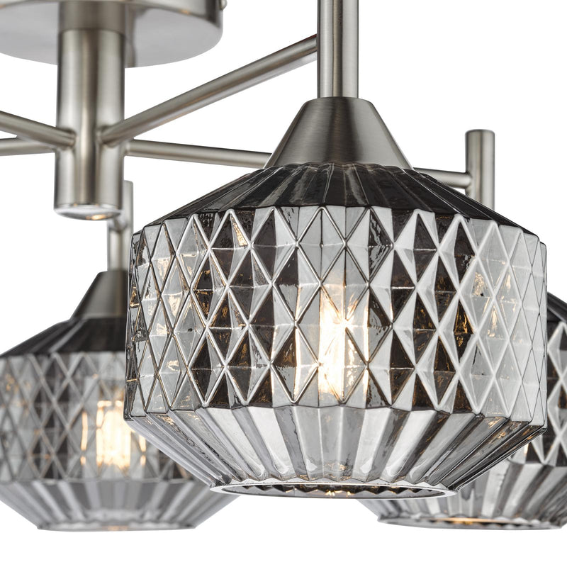 Dar Lighting Fabrienne 5 Light Semi-Flush Satin Nickel and Smoked Glass • FAB5438