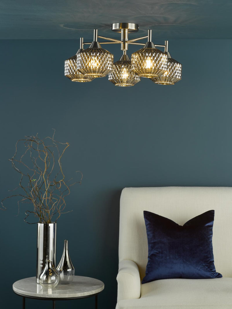 Dar Lighting Fabrienne 5 Light Semi-Flush Satin Nickel and Smoked Glass • FAB5438