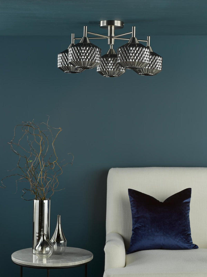 Dar Lighting Fabrienne 5 Light Semi-Flush Satin Nickel and Smoked Glass • FAB5438