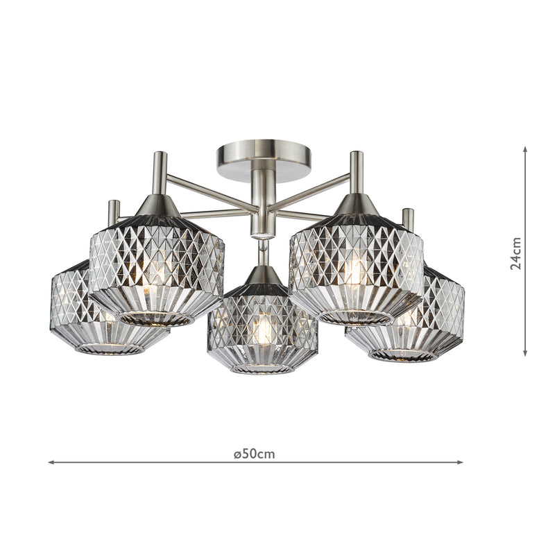 Dar Lighting Fabrienne 5 Light Semi-Flush Satin Nickel and Smoked Glass • FAB5438