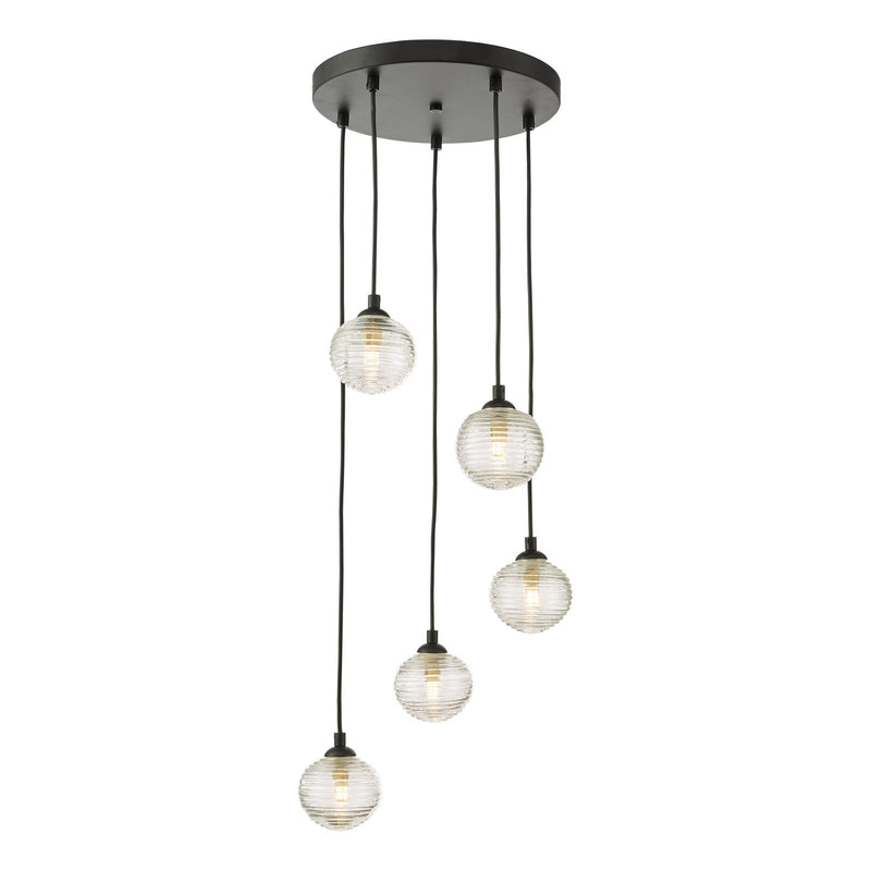 Dar Lighting Federico 5 Light Cluster Pendant Matt Black With Ribbed Glass • FED0522-08