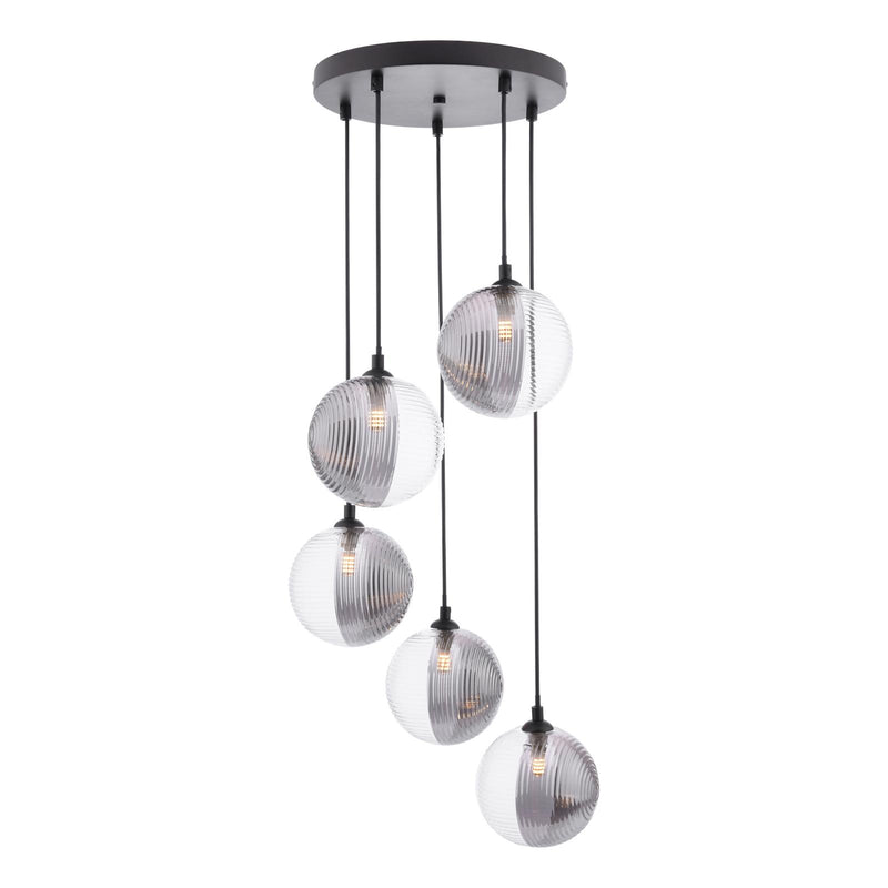 Dar Lighting Federico 5 Light Cluster Pendant Matt Black With Smoked/Clear Ribbed Glass • FED0522-19