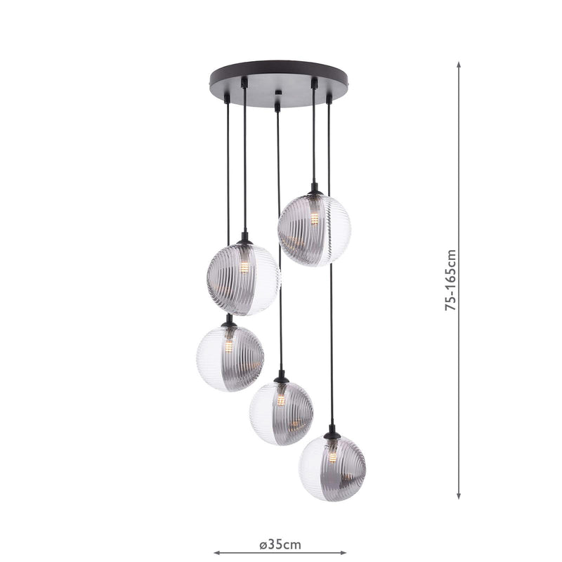 Dar Lighting Federico 5 Light Cluster Pendant Matt Black With Smoked/Clear Ribbed Glass • FED0522-19