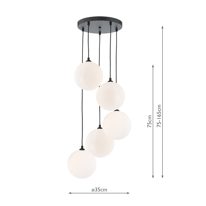 Dar Lighting Federico 5 Light Cluster Pendant Matt Black With Opal Glass • FED0522-23