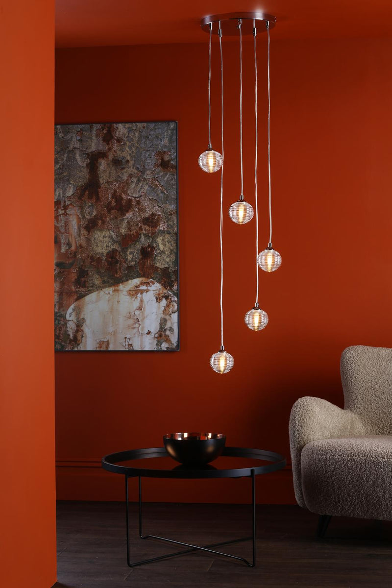 Dar Lighting Federico 5 Light Cluster Pendant Polished Chrome With Ribbed Glass • FED0550-08