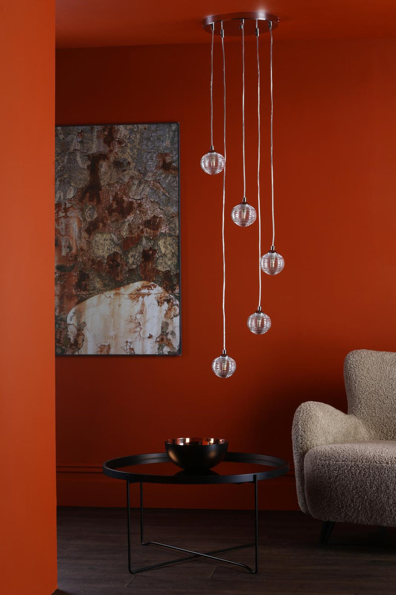 Dar Lighting Federico 5 Light Cluster Pendant Polished Chrome With Ribbed Glass • FED0550-08