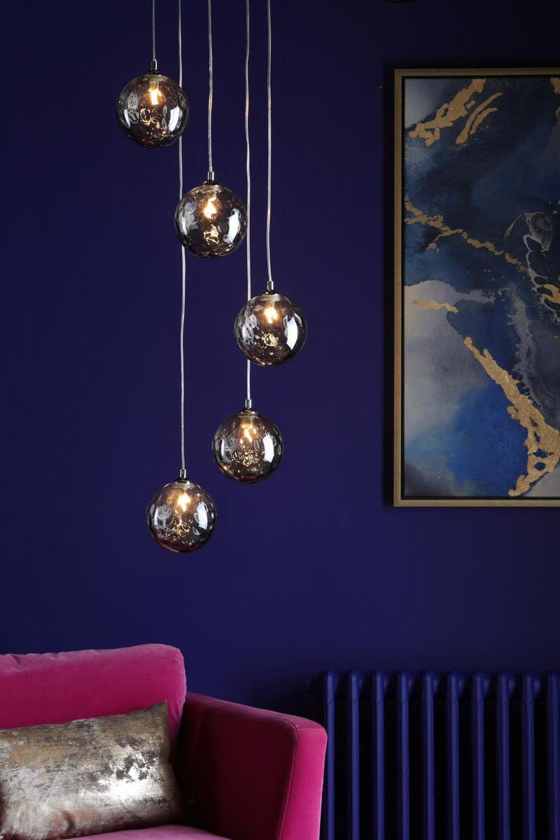 Dar Lighting Federico 5 Light Cluster Pendant Polished Chrome With Smoked Dimpled Glass • FED0550-10