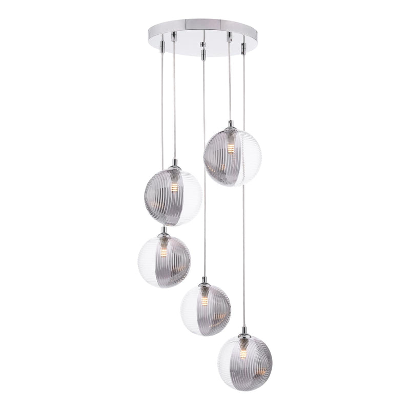 Dar Lighting Federico 5 Light Cluster Pendant Polished Chrome With Smoked/Clear Ribbed Glass • FED0550-19