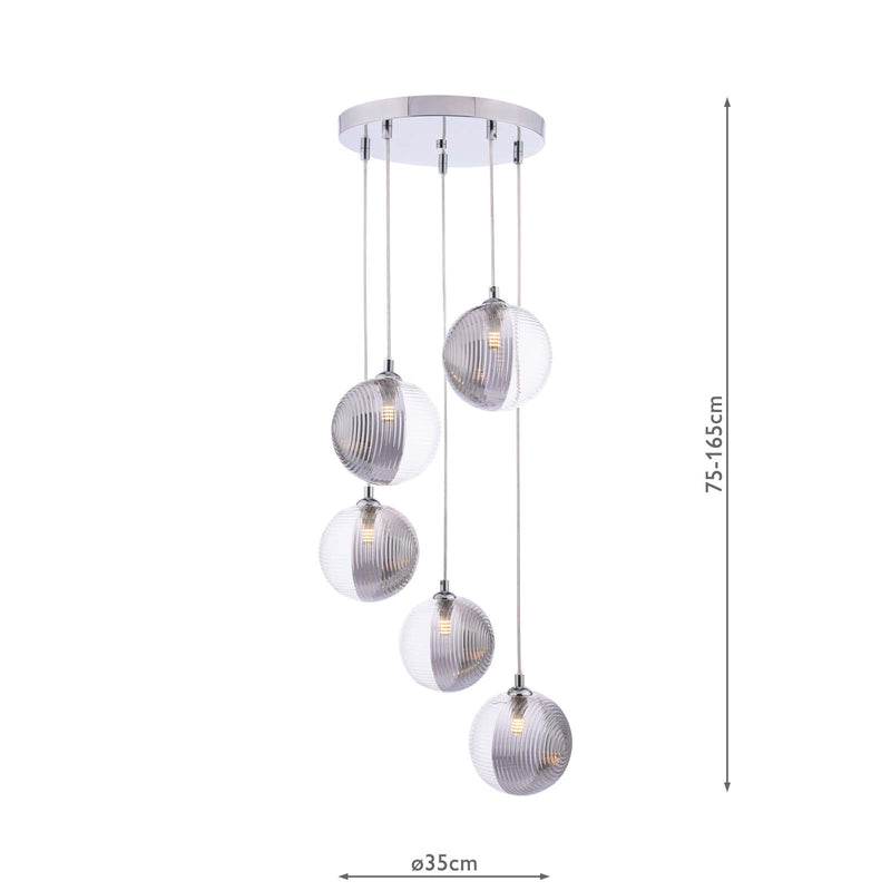Dar Lighting Federico 5 Light Cluster Pendant Polished Chrome With Smoked/Clear Ribbed Glass • FED0550-19