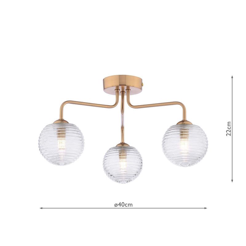 Dar Lighting Feya 3 Light Semi-Flush Antique Bronze With Ribbed Glass • FEY0363-08