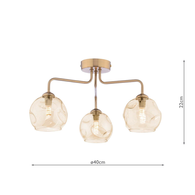 Dar Lighting Feya 3 Light Semi-Flush Antique Bronze With Organic Amber Glass • FEY0363-16