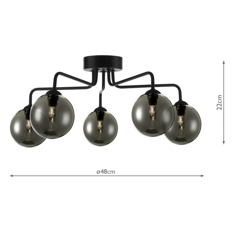 Dar Lighting Feya 5 Light Semi Flush Matt Black With Smoked Glass • FEY0522-01