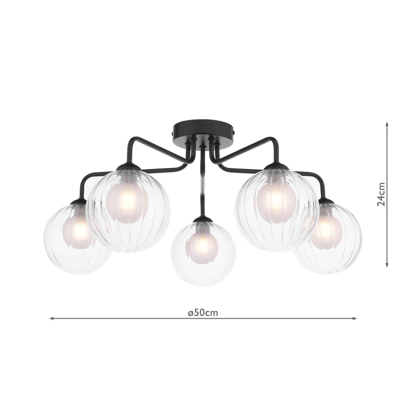 Dar Lighting Feya 5 Light Semi Flush Matt Black With Clear/Opal Glass • FEY0522-20