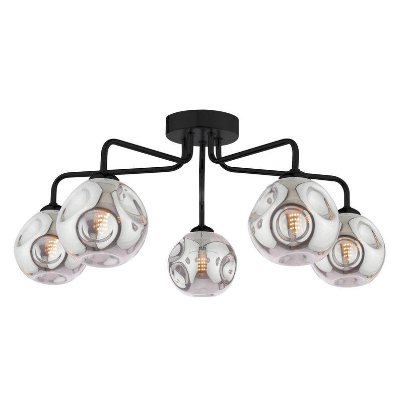 Dar Lighting Feya 5 Light Semi Flush Matt Black With Closed Organic Smoked Glass • FEY0522-28