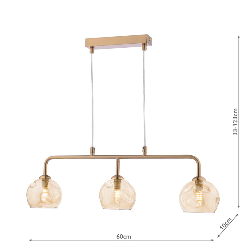 Dar Lighting Feya 3 Light Bar Pendant Antique Bronze With Organic Amber Glass • FEY6263-16