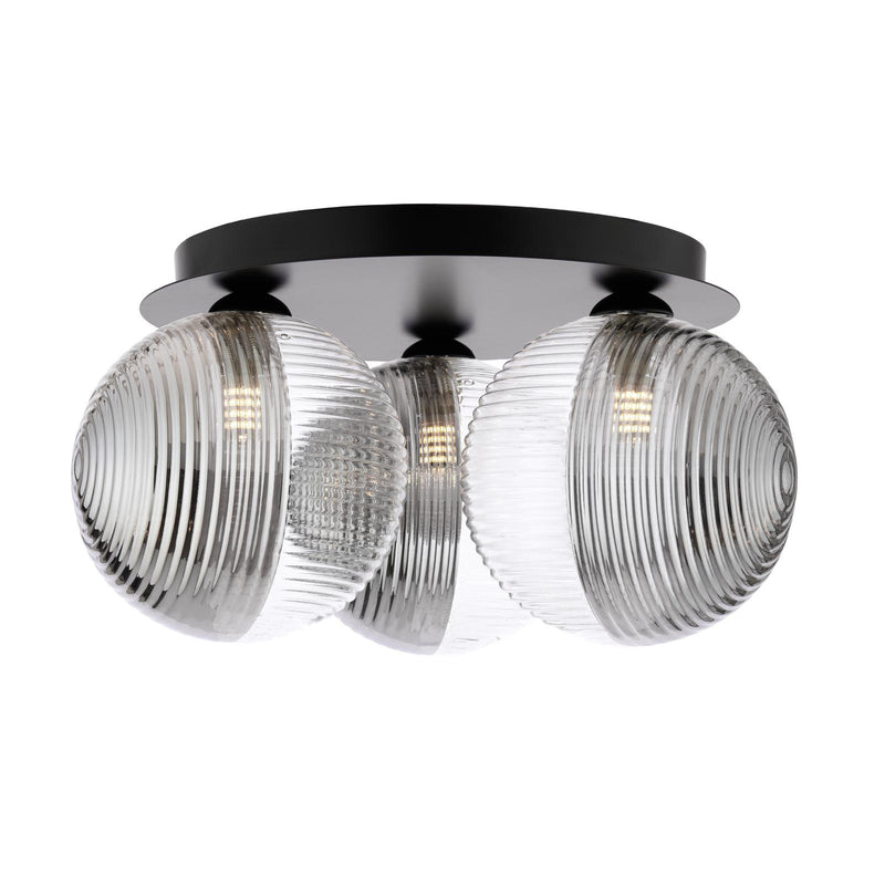 Dar Lighting Foley 3 Light Flush Matt Black With Smoked/Clear Ribbed Glass • FOL5322-19