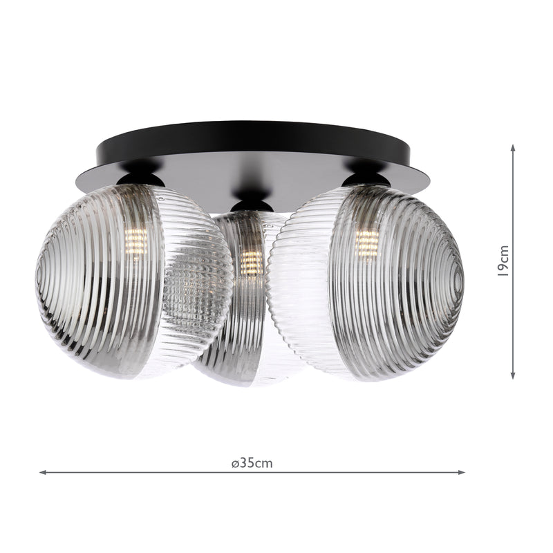 Dar Lighting Foley 3 Light Flush Matt Black With Smoked/Clear Ribbed Glass • FOL5322-19