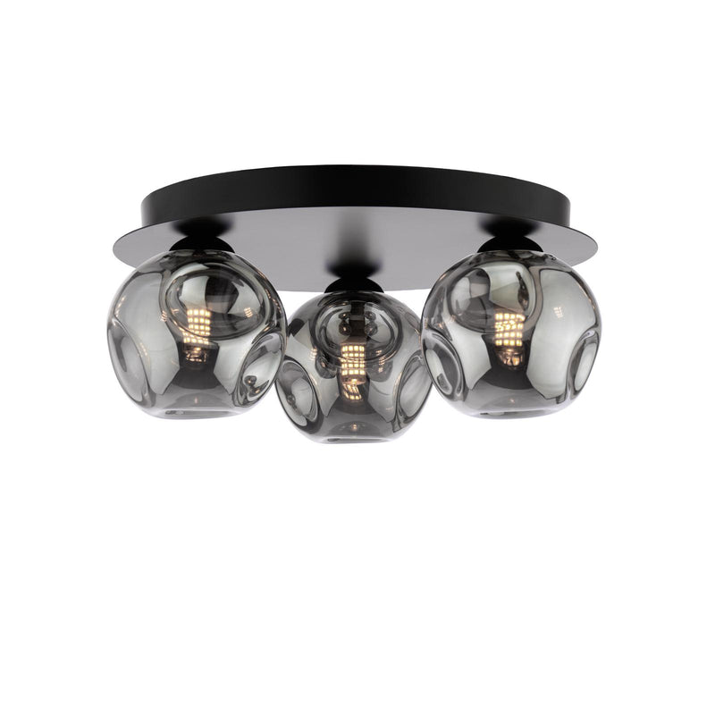 Dar Lighting Foley 3 Light Flush Matt Black With Closed Organic Smoked Glass • FOL5322-28